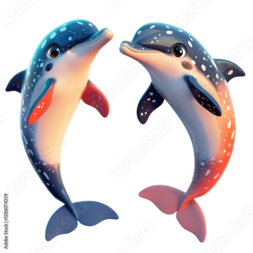 Two pantropical spotted dolphins in different colors with contrasting expressions on a transparent background. photo