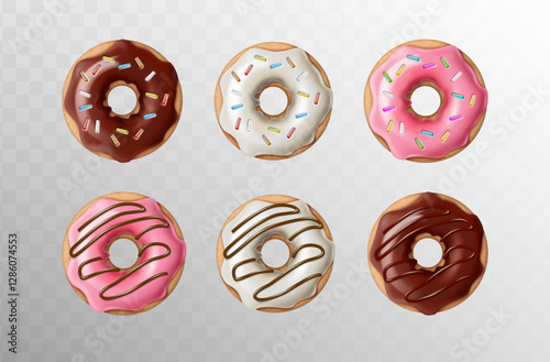 3d realistic vector icon illustrations. Set of freshly baked, colorfully glazed doughnuts in chocolate and sprinkles. Isolated on background.