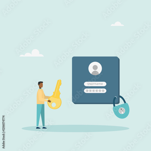 Strong password for cybersecurity, high account protection. Data confidentiality, locking key. Vector illustration.	
