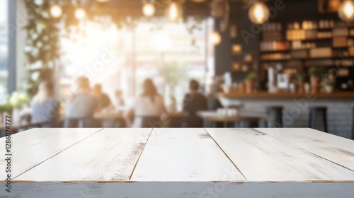 Sleek white rectangular wooden table with even lighting and blurred trendy cafe background featuring customers and coffee cups
