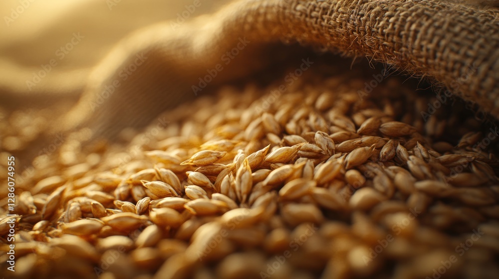 Obraz premium Close-up of Wheat Grains in a Burlap Sack at Sunrise