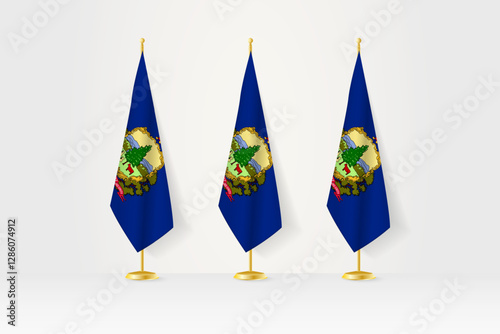 Three Vermont flags in a row on a golden stand, illustration of press conference and other meetings.