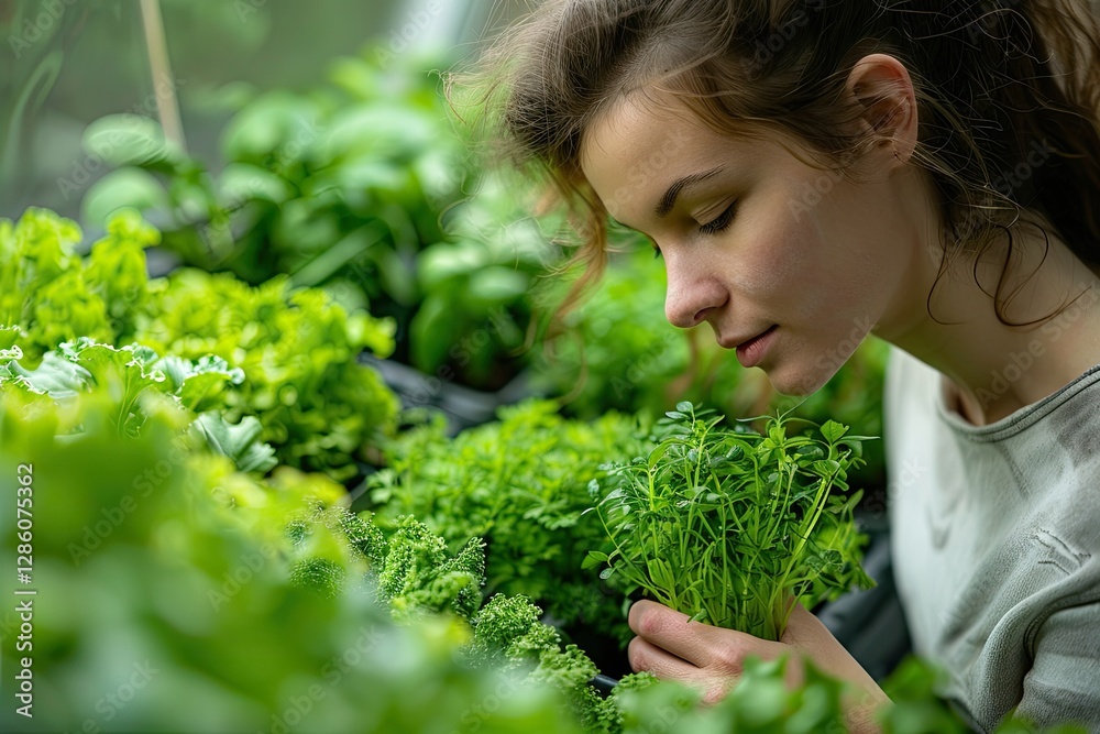 Sharp Image of Woman Having a Sustainable Garden Indoors Sharp Image of Woman Having a Sustainable Garden Indoors