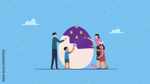 Happy family painting an egg together, Happy Easter scene with families, kids. Easter street event, festival and fair, banner, poster design.