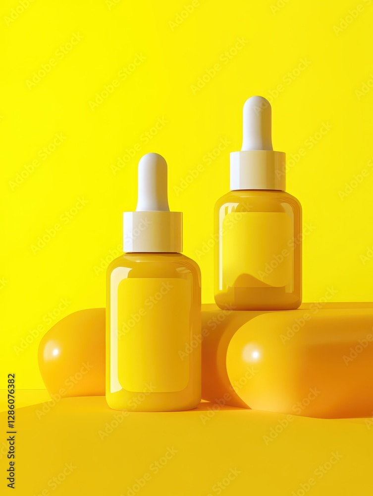 A vibrant mockup featuring a bright yellow composition with two skincare bottles. A vibrant mockup featuring a bright yellow composition with two skincare bottles.
