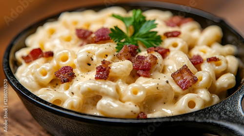 Creamy bacon mac and cheese in cast iron skillet