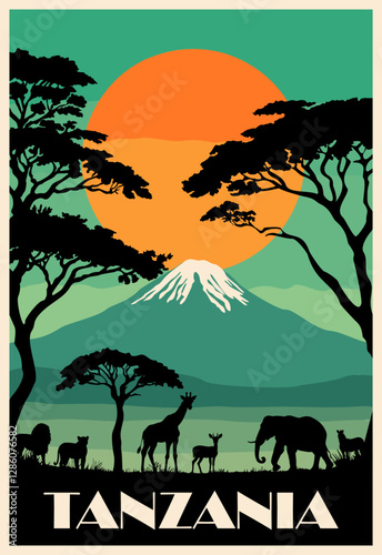 Tanzania Travel poster in retro style with beautifal african safari landscape with Kilimanjaro Mountain and wild animals and trees silhouettes. Colorful flat vector illustration