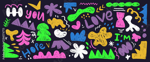 Neon funky set of scratching style collage elements. Hand drawn charcoal doodle, geometric figures, naive lines. Pencil shapes of sribbles, squiggles, calligraphy text are isolated on black backdrop.