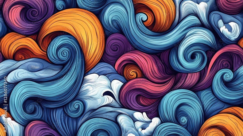 Seamless waves pattern with curly hand-drawn waves and ocean theme Seamless waves pattern with curly hand-drawn waves and ocean theme