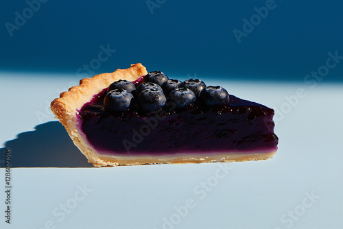 Blueberry Pie Delight: A mouthwatering slice of homemade blueberry pie, boasting a flaky golden crust and a luscious filling crowned with fresh, plump blueberries, sitting on a colorful backdrop.