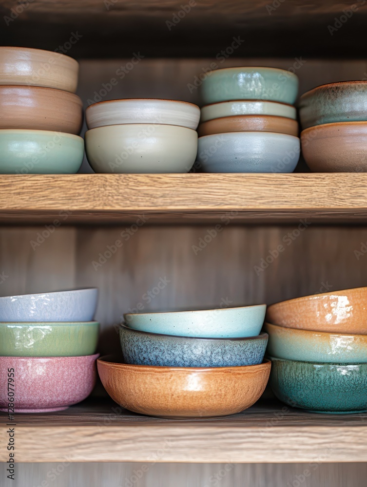 Fototapeta premium Colorful handmade ceramic bowls stacked on an open kitchen shelf, with natural light casting soft shadows. 