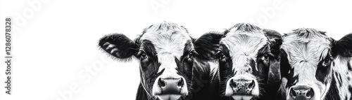 Black and white portrait of cows on a plain background.