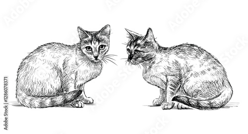 Hand drawings of two sitting domestic cats, realistic sketches, vector illustration isolated on white