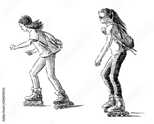 Sketch of two teenage girls roller skating, realistic vector hand drawn illustration isolated on white