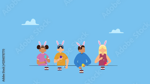 Happy diversity children hunting easter eggs. Set of characters. Easter street event, festival and fair, banner, poster design.