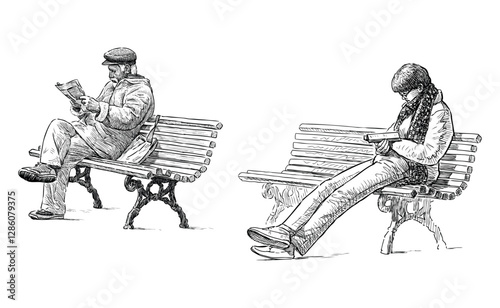 Sketches of two casual citizens sitting on park benches, woman reading book, old man reads newspaper, realistic hand drawn vector illustration on white
