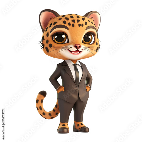 Margay dressed in business attire with a fun, cheerful expression on a transparent background.