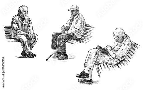 Sketches of three casual different old townsmen sitting on park benches, resting, relaxing, realistic hand drawn vector illustration isolated on white