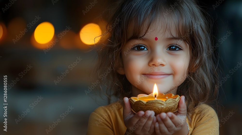 Joyful Child Holding Glowing Diya at Peaceful Diwali Joyful Child Holding Glowing Diya at Peaceful Diwali