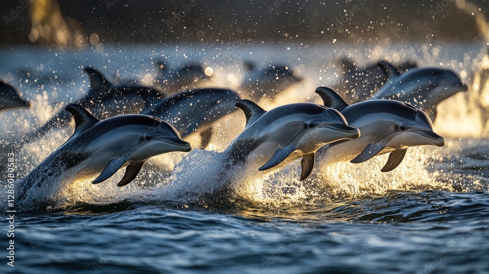 Fototapeta premium Coastal Dolphins Jumping in Sunrise
