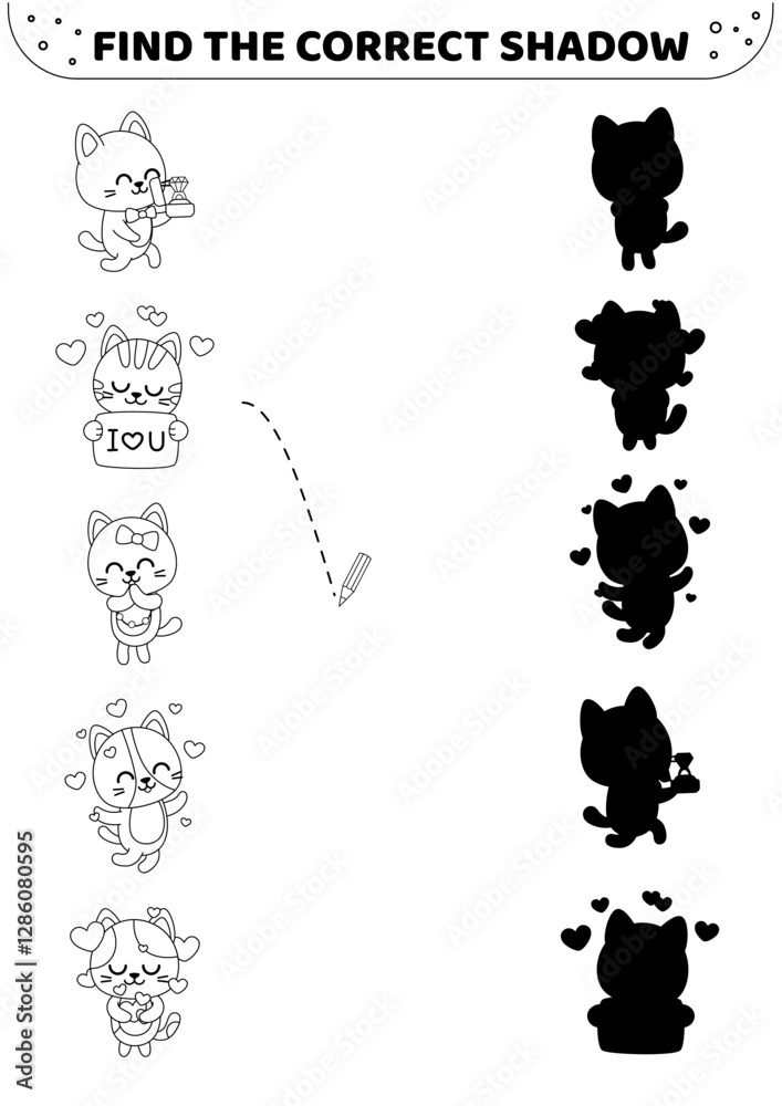 Obraz premium Shadow matching game. Black and white. Kittens in love. Find the correct shadow. Isolated vector illustration eps 10