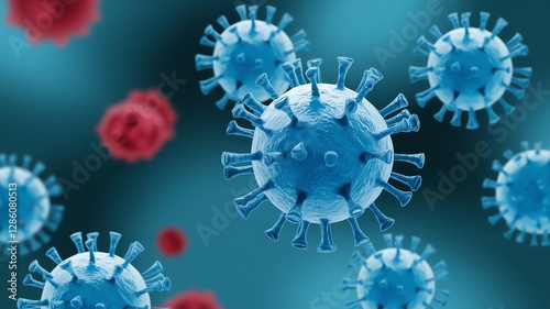 Illustration of virus cells in blue and red colors.