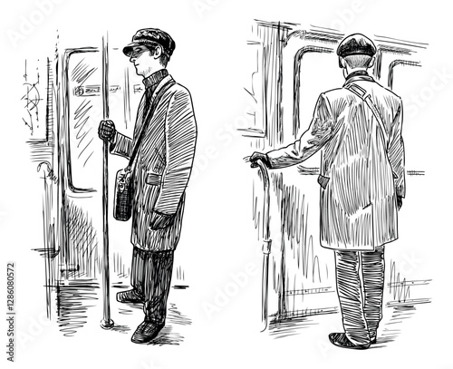 Sketches of casual city commuters, men passengers riding in a subway car, realistic hand drawn vector illustration photo