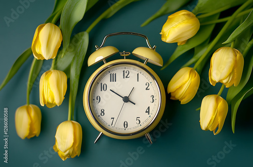 Alarm clock with yellow tulip flowers, switch to daylight saving time in spring, summer time changeover
