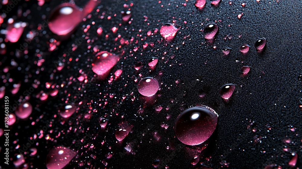 Pink Water Droplets on Dark Surface: Close-Up Macro Photography AI Generated Pink Water Droplets on Dark Surface: Close-Up Macro Photography AI Generated