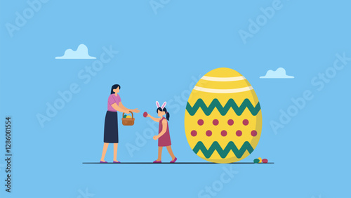 A child put an easter egg in the basket. Happy Easter scene with families, kids. Easter street event, festival and fair, banner, poster design.