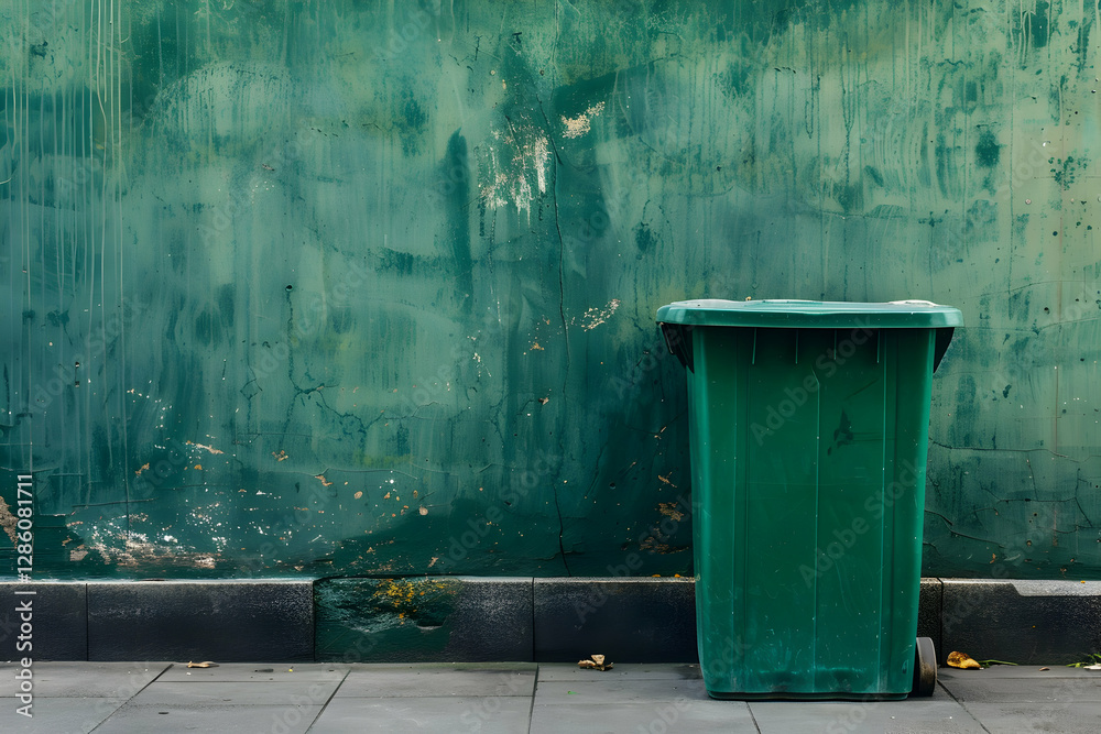 Obraz premium Green garbage bin against a textured green wall with peeling paint and urban details