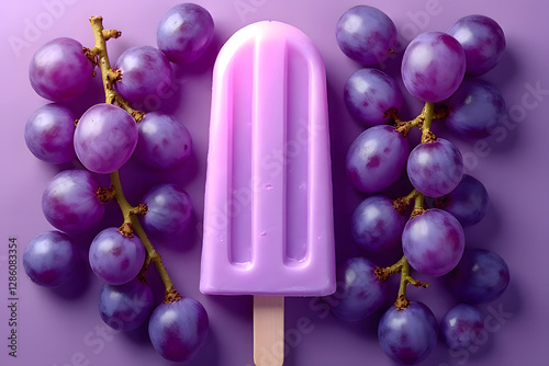 Purple popsicles, purple grape flavor, placed on a purple background. and there were purple grapes all around
