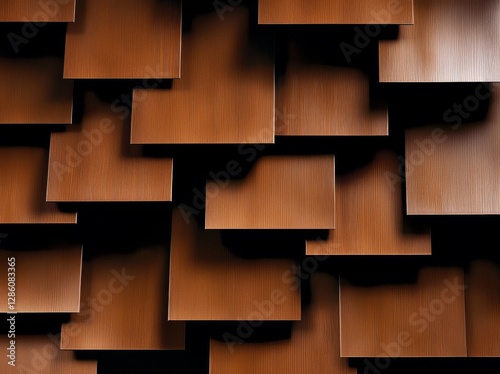 A detailed view of trapezoid square shingles tiles on a modern roof, featuring a waterproof and rough scabrous surface for exterior house coverage