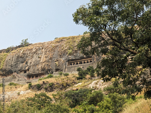 view of Lenyadri Ganapati cave temple on Lenyadri hill: Junnar-Pune, Maharashtra-India, 11.09.2024 photo