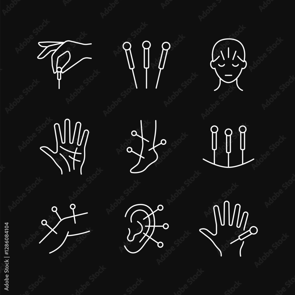 Fototapeta premium Acupuncture line white icon set on black background. Body therapy vector collection. Editable stroke.