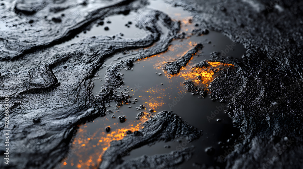 Naklejka premium Molten Rock Texture: Close-up of a cooling lava flow revealing intricate patterns and textures with glowing embers, creating a dramatic and powerful scene. 