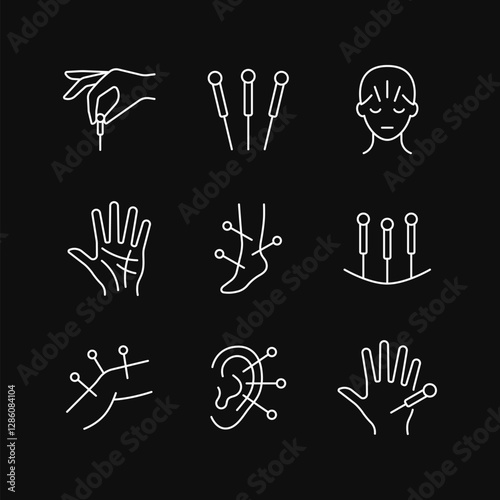 Acupuncture line white icon set on black background. Body therapy vector collection. Editable stroke.
