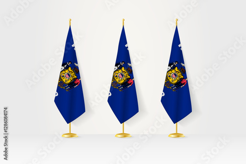 Three Wisconsin flags in a row on a golden stand, illustration of press conference and other meetings.