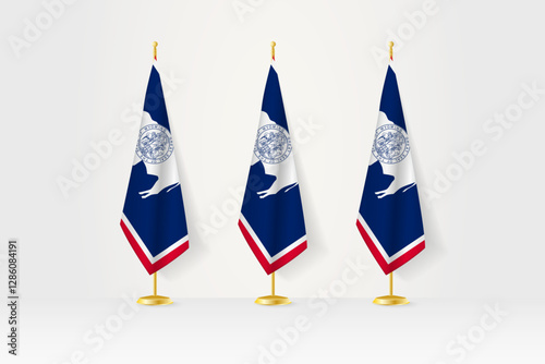 Three Wyoming flags in a row on a golden stand, illustration of press conference and other meetings.