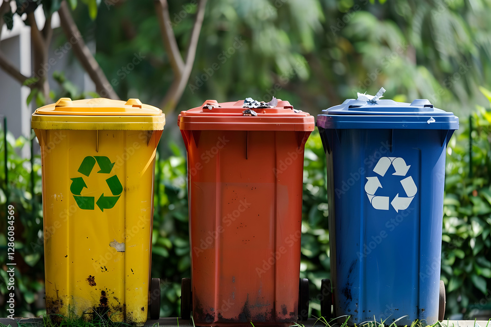 Colorful recycling bins in an urban park surrounded by greenery and trees, promoting waste separation Colorful recycling bins in an urban park surrounded by greenery and trees, promoting waste separation