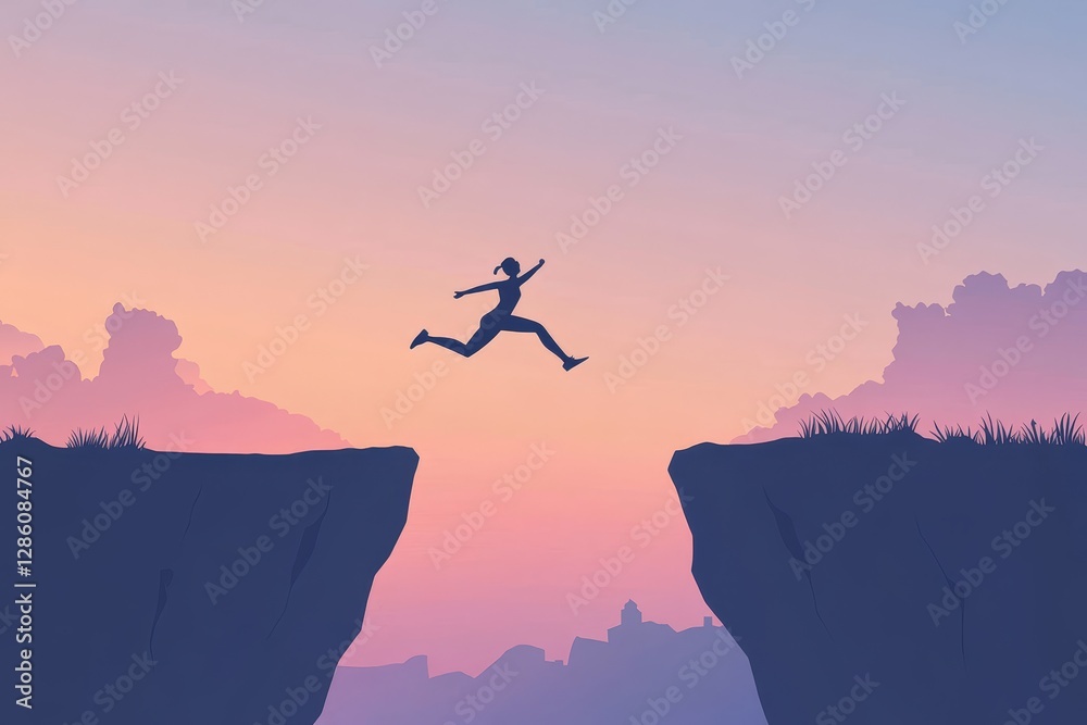 A person jumping over an unlit chasm, symbolizing the energy and determination to make a short and simple leap across the gap between two hills. A person jumping over an unlit chasm, symbolizing the energy and determination to make a short and simple leap across the gap between two hills.