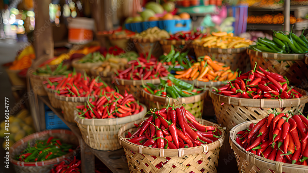 Fototapeta premium local market with a colorful display of different chili peppers