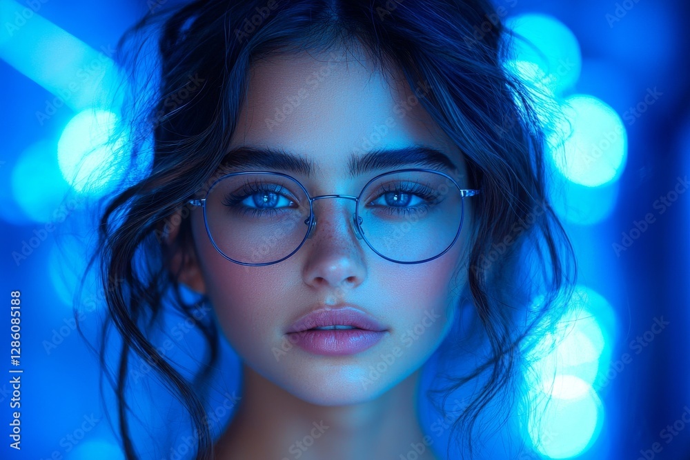 Fototapeta premium night city street shot featuring a beautiful woman in neon light
