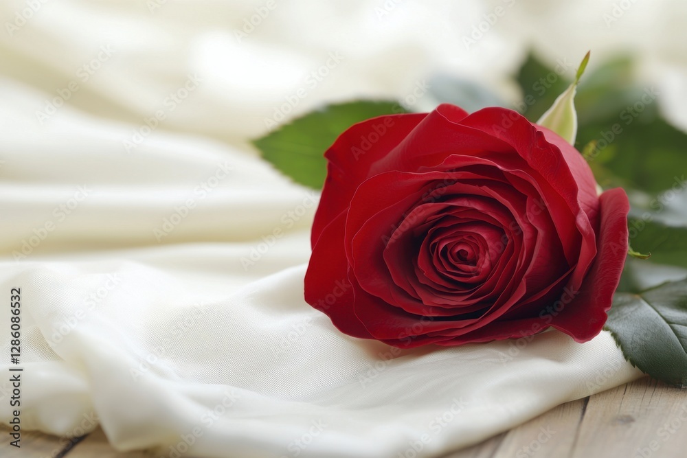 Obraz premium Elegant Red Rose on Soft White Fabric Background for Romantic Themes
