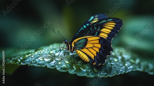 Colorful butterfly resting on dewy leaf in lush garden setting photo