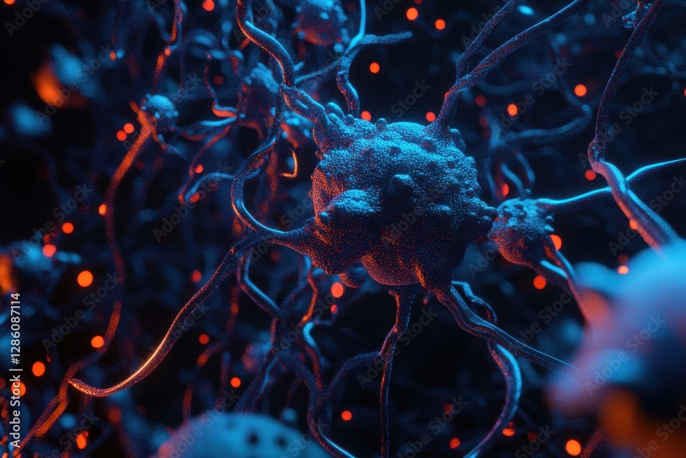 Exploring the intricate beauty of neurons illuminated in vibrant blue and orange tones. Generative AI Exploring the intricate beauty of neurons illuminated in vibrant blue and orange tones. Generative AI