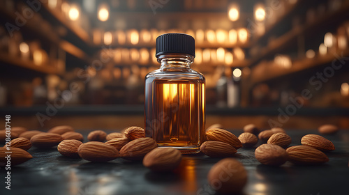 Aromatic Essence: A close-up shot showcases a small glass bottle filled with a golden liquid, surrounded by scattered almonds on a wooden surface, hinting at natural ingredients and artisanal quality. photo