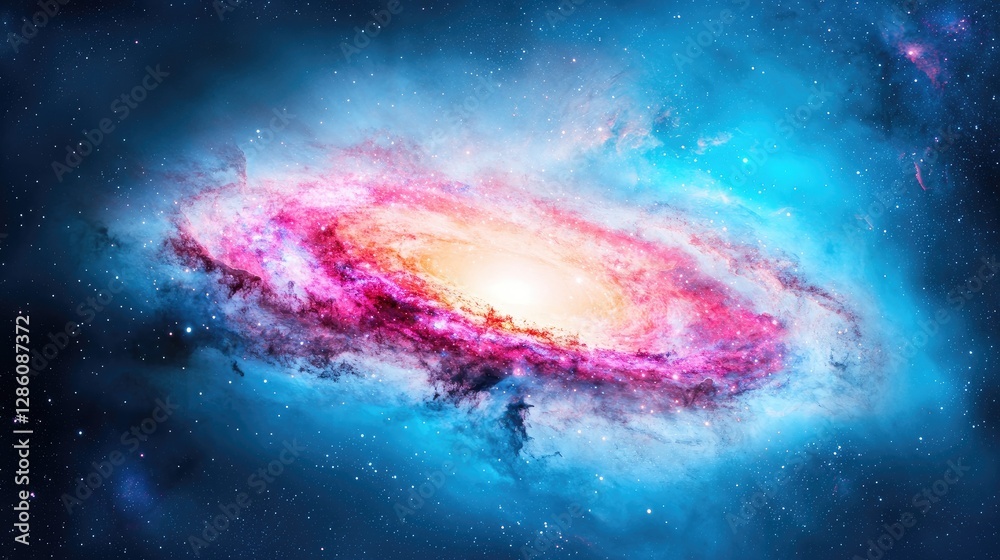 Fototapeta premium Vibrant spiral galaxy with glowing pink and blue cosmic dust clouds shines in deep space.