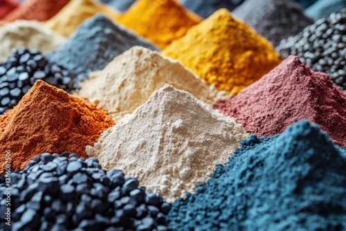 Collection of rare earth mineral powders in different colors, displayed in small mounds

