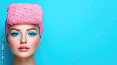 Woman, pink sponge hair, blue background, makeup, beauty